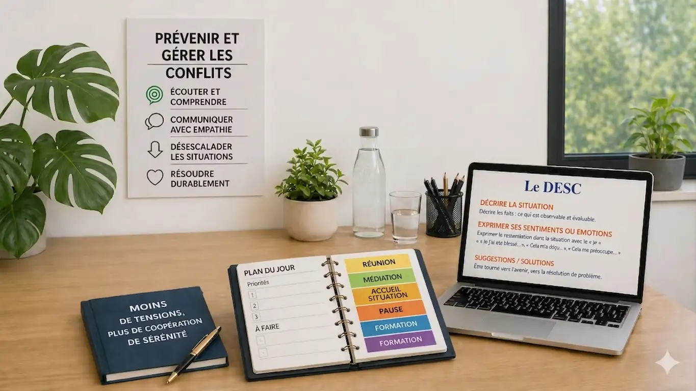 La formation gestion des conflits vous permet de mieux comprendre les mécanismes des tensions et d’agir avec efficacité pour préserver des relations professionnelles apaisées. Vous développez des compétences concrètes pour anticiper, désamorcer et résoudre les conflits au travail. Vous vous appropriez des techniques comme le DESC.