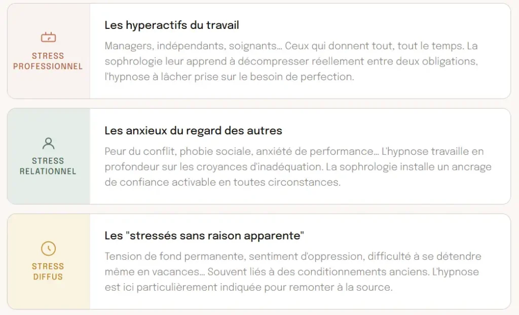 Il existe des profils de personnes davantage sujettes au stress, comme les perfectionnistes, les personnes qui attachent beaucoup d'importance au travail, à la reconnaissance...
